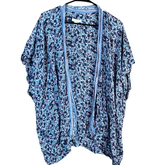 LOFT Womens Kimono Blue Pink Multicolor Floral Open Front Lightweight XS/S - Picture 1 of 11